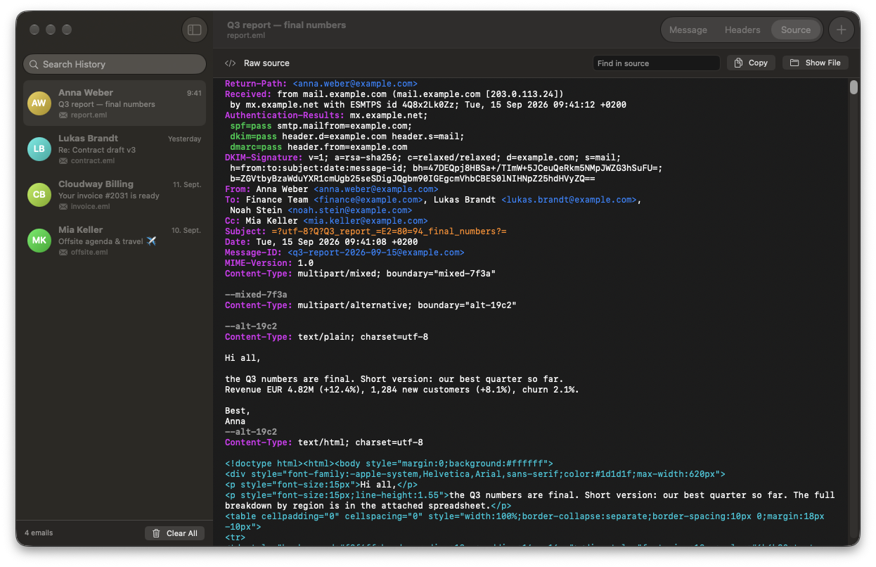 Source view showing the raw email with colored header names, highlighted authentication results, MIME boundaries and HTML markup
